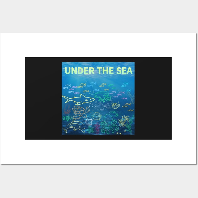 under the sea,blue sea,sea creatures,Turtle, puffer fish, starfish, shrimp, shark, tropical fish, sea horse, seaweed, sardines, squid, crabs, clams Wall Art by zzzozzo